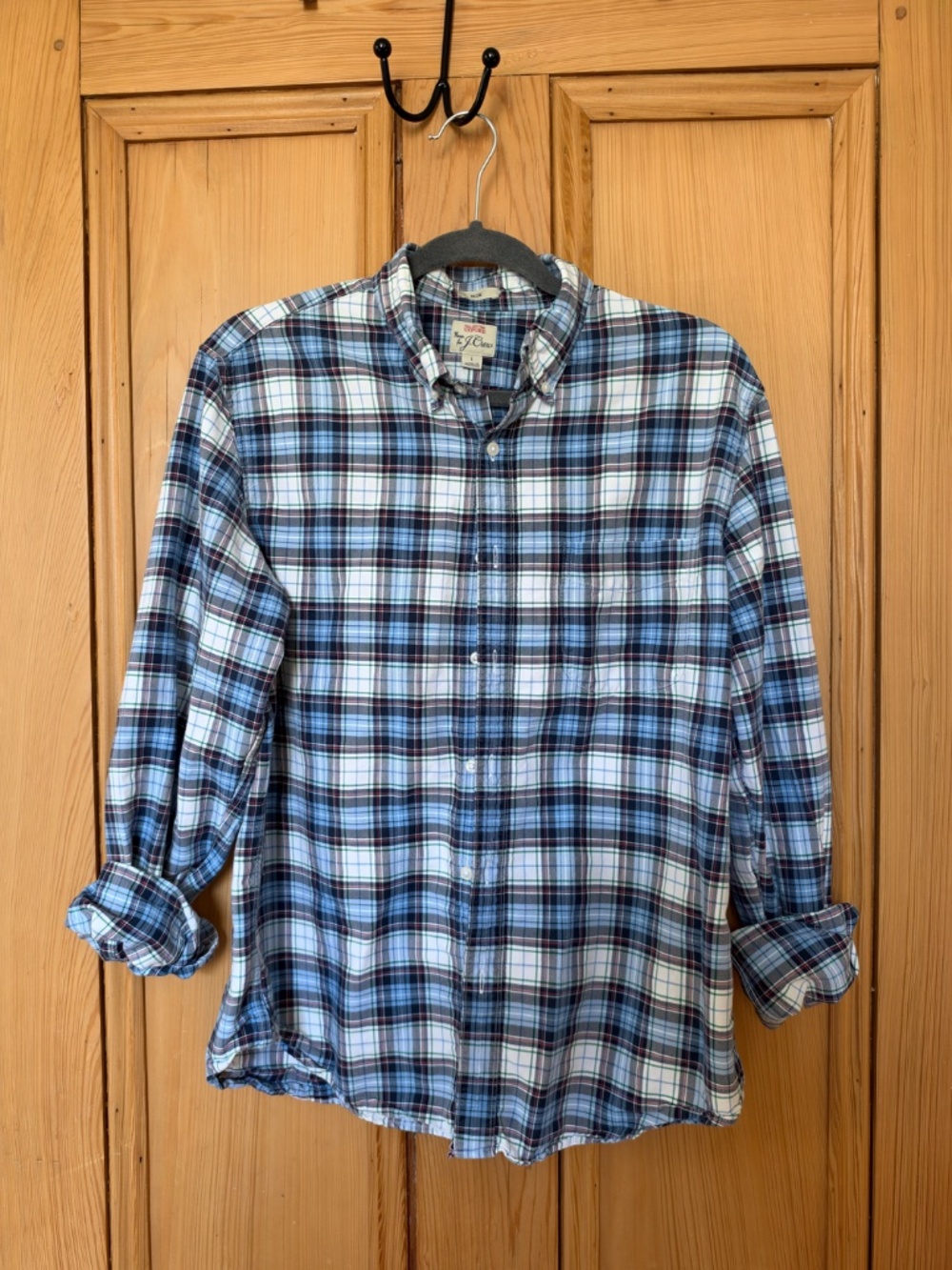 J Crew Slim All Cotton Oxford in Blue Plaid, Size L